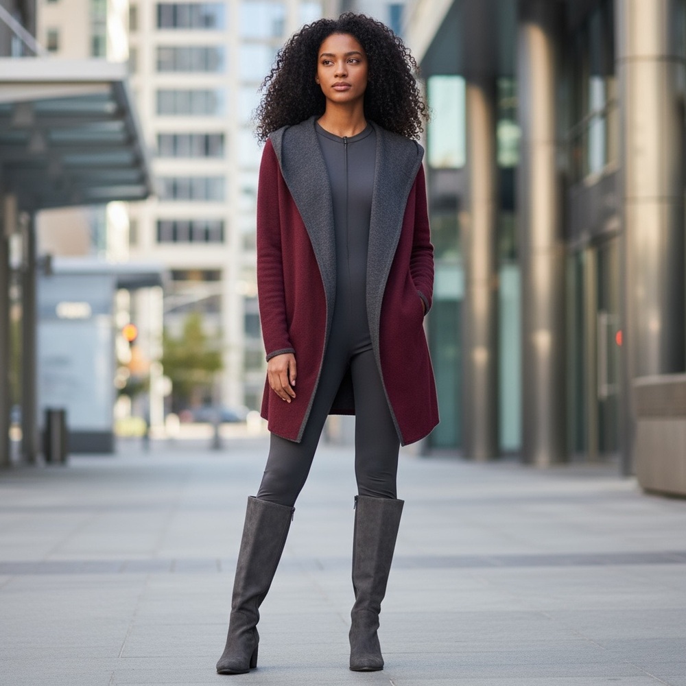 Women's Burgundy and Gray Open Front Sweater